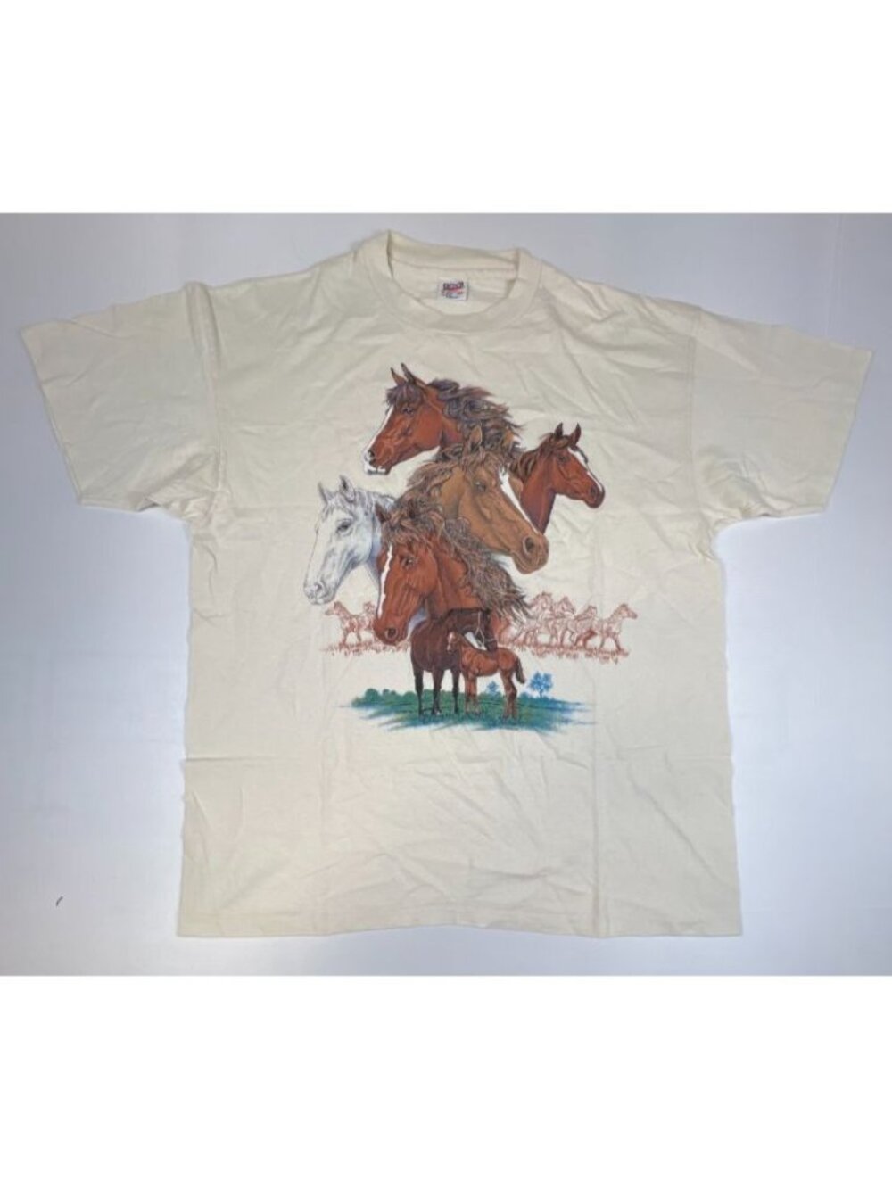 Vintage 1995 Anvil Seven Horse Men's Graphic T-Shirt 2XL Beige Single Stitch